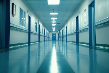 Obraz premium Long Hospital Corridor With Doors and Windows
