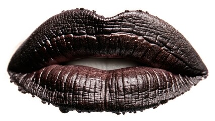 A luxurious black glossy lipstick sample, isolated on white, reveals its smooth texture, subtle smudge, and cosmetic appeal.