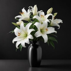 White lilies in a sleek metal vase on a dark black background, vase, flowers © lammone