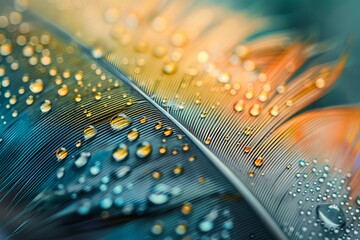 Water droplets reflecting light on a multicolored bird feather creating an abstract nature background