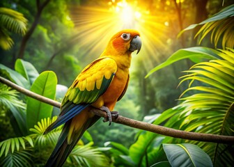 Obraz premium Golden Conure Parrot Bird Aerial Drone Photography - Tropical Rainforest Habitat