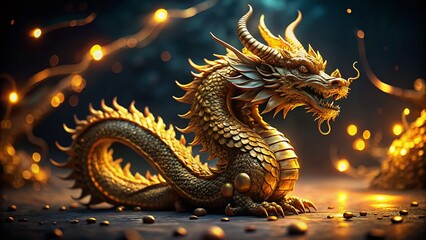 Fototapeta premium Golden Dragon Figurine Studio Showcase - Bokeh Background
