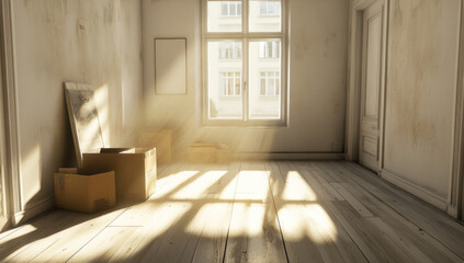 Fototapeta premium Sunlit empty room with cardboard boxes and artwork leaning against wall.