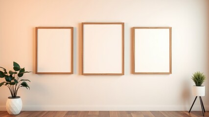 Modern minimalist interior design featuring three empty picture frames and potted plants