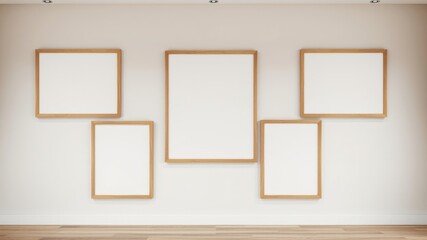 Five Blank Frames on a Light Wall, Ready for Your Artwork or Photos