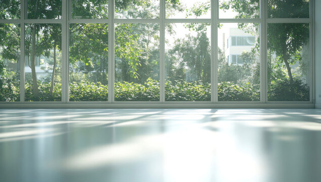 Sunlit empty room with large window showing green trees and buildings.
