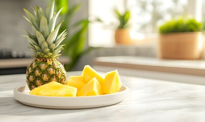 close-up.whole ripe pinapple beside slices on plate. Generative AI 