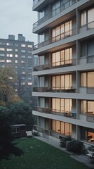 Obraz premium A night view of modern high-rise buildings with illuminated windows, surrounded by a few trees and an urban courtyard setting.