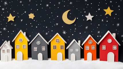 Colorful miniature houses nestled in snow under a crescent moon and stars