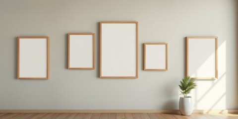 Modern minimalist interior design with empty wooden picture frames and potted plant