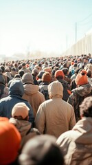 A large crowd of people in winter clothing moves in a line under a clear sky, conveying a sense of solidarity and hope in challenging circumstances.