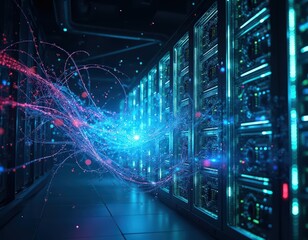 Abstract Visualization of Data Flow in a Modern Server Room:  A Futuristic Network of Interconnected Servers Processing Information Streams with Glowing Particles and Vibrant Color Palette