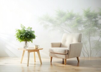 Fototapeta premium Beige Armchair & Wooden Side Table: Double Exposure Stock Photo