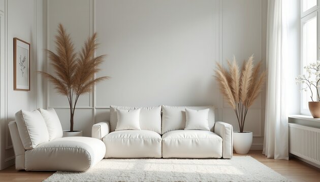 A stylish white room with soft textures provides an ideal backdrop for showcasing different items.