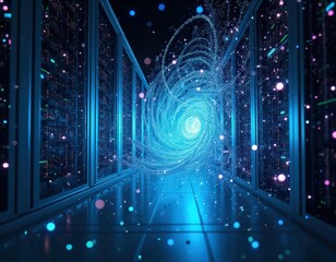 A mesmerizing digital vortex swirling through a futuristic server room:  Exploring the boundless potential of data and the interconnected world of information technology.