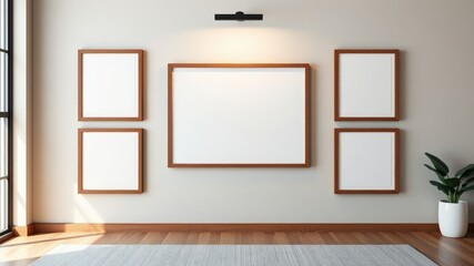 Fototapeta premium Modern Minimalist Gallery Wall with Empty Frames and Plant