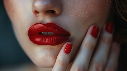 Naklejka premium Woman's face with red lips and Hand under chin, AI generated image