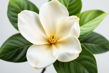 Naklejka premium White magnolia flower with delicate petals and vibrant green leaves in a naturalistic style on a soft light background. Concept of beauty. Ai generative