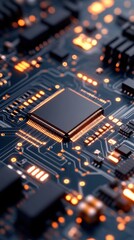 Obraz premium A 3D rendered illustration of a circuit board with glowing orange elements, showcasing intricate electronic components and pathways.