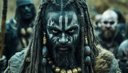 Fototapeta premium Dark haired warrior with tribal face paint stares intensely