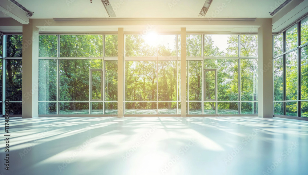 Sticker Sunlit empty room with large windows overlooking lush green trees.