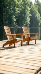 Two wooden Adirondack chairs sit empty on a lakeside deck, bathed in the warm glow of sunrise, with a serene forest in the background.