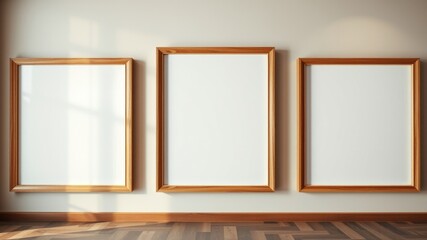 Three empty wooden picture frames on a wall in a room with a wood floor