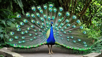 Obraz premium Peacock with Its Feathers Spread in a Lush Garden