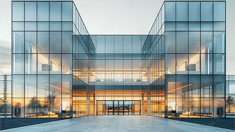 Poster modern commercial building with large glass facade and multiple entrances, surrounded by a paved sur