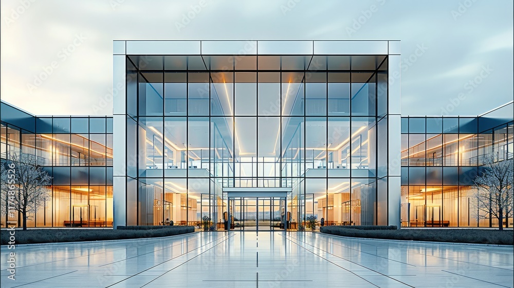 Aufkleber modern commercial building with large glass facade and multiple entrances, surrounded by a paved sur