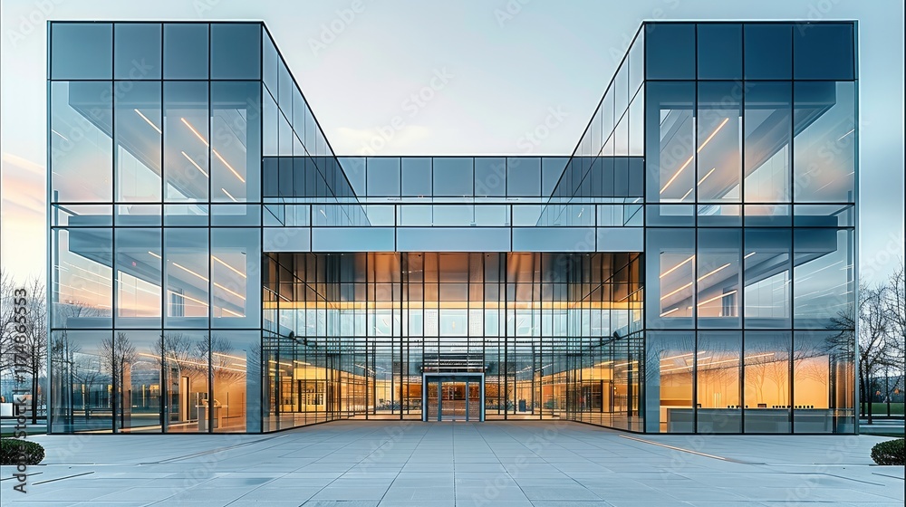 Poster modern commercial building with large glass facade and multiple entrances, surrounded by a paved sur