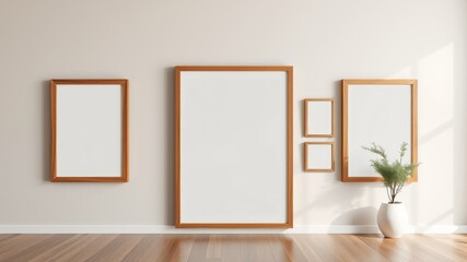 Empty wooden picture frames on a light beige wall in a minimalist interior design setting