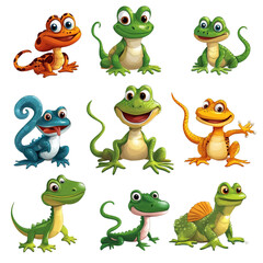 Fototapeta premium Adorable Cartoon Amphibians and Reptiles Collection