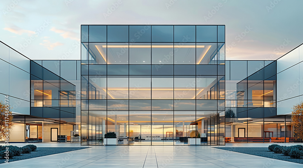 Poster modern commercial building with large glass facade and multiple entrances, surrounded by a paved sur