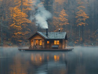 Fototapeta premium Cozy Cabin Retreat Nestled in Misty Forest Lake with Smoke Billowing from Chimney in Tranquil Autumn Scene