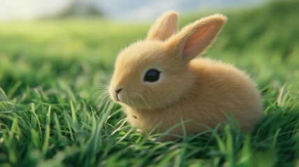 Fototapeta premium Adorable baby bunny sitting in lush green grass, capturing the essence of spring and innocence.