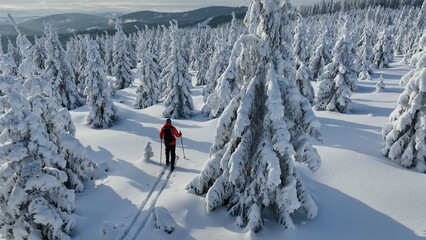 Aerial view of ski touring man crossing winter mountains, fresh snow.