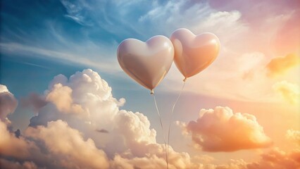 Fototapeta premium Two Heart-Shaped Balloons Ascending into a Dreamlike Sunset Sky Filled with Soft, Fluffy Clouds
