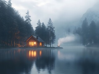 Fototapeta premium Cozy Cabin Nestled on Misty Lake at Early Morning with Smoke Billowing from Chimney