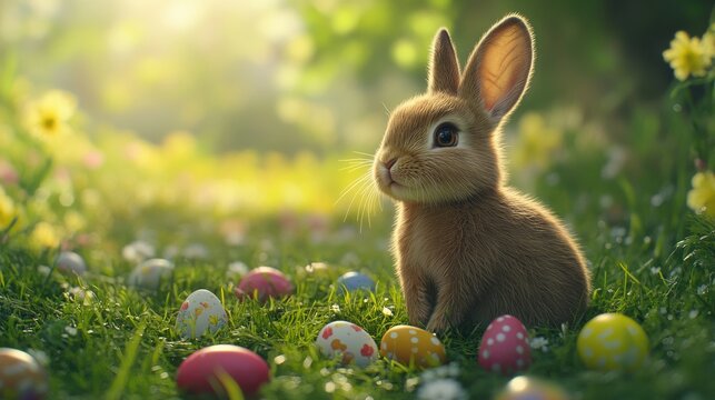 Cute brown rabbit sitting among colorful Easter eggs in a sunny blooming meadow.