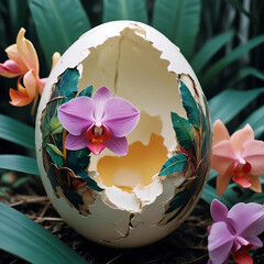 Closeup detailed shot of a cracked eggshell, with a lush tropical forest featuring tall palm trees and colorful orchids growing inside it