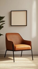 A minimalist modern interior features a warm-toned armchair and a blank framed artwork, creating a cozy and elegant ambiance.