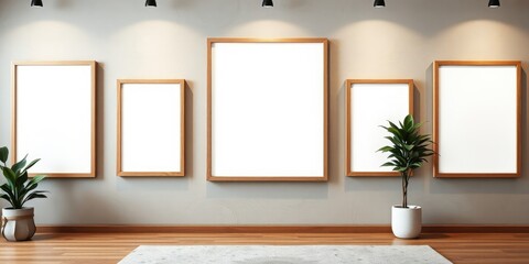 Modern minimalist interior design featuring empty wooden picture frames and potted plants