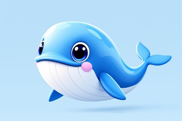 Naklejka premium Adorable blue cartoon whale with large eyes, pink cheeks, and a shiny body, floating on a soft light blue background. Concept of marine life. Ai generative