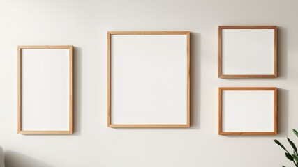 Blank wooden picture frames on a wall mockup