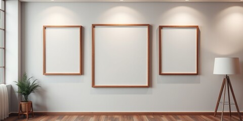 Minimalist interior design featuring three empty wooden frames on a light wall, complemented by a floor lamp and potted plant