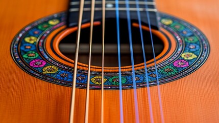 Obraz premium Close-up of colorful acoustic guitar soundhole.