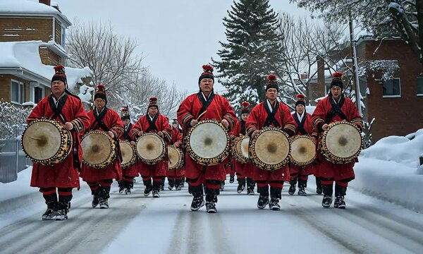 A vibrant procession of Korean drummers in red robes marches through a snow-covered street during a winter festival, showcasing their rich cultural heritage and rhythmic artistry.
