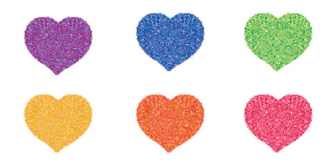 Rainbow Hearts Collection: Six vibrant, textured hearts in a spectrum of colors — purple, blue, green, yellow, orange, and pink — perfect for Valentine's Day, love-themed projects.