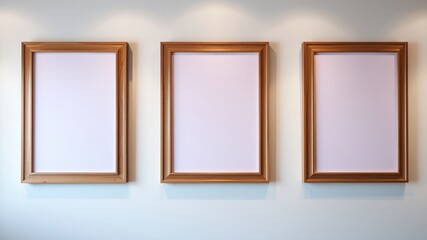 Three Empty Light Brown Wooden Picture Frames on a Wall